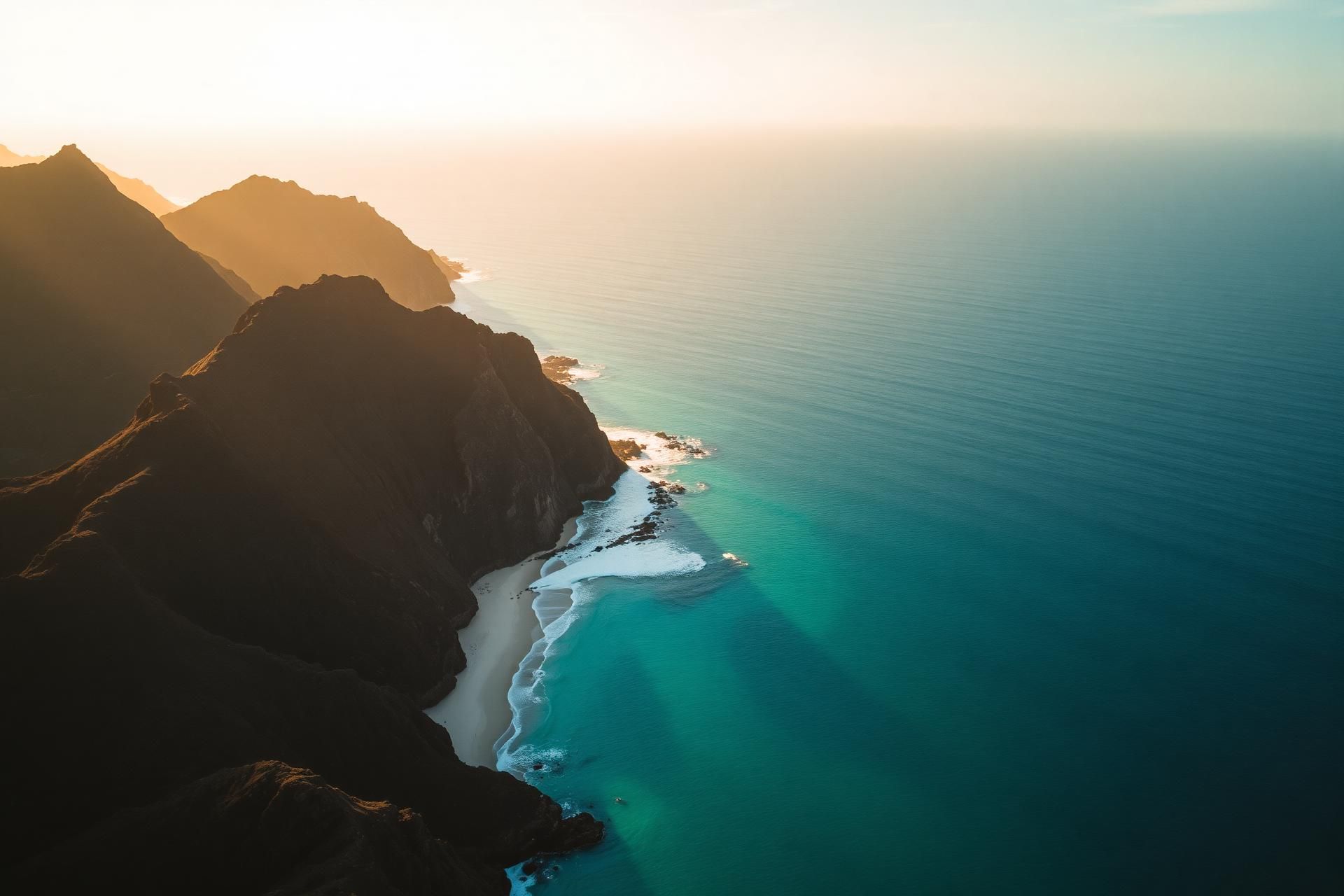 Aerial view of a Cape Verde coastline at golden hour